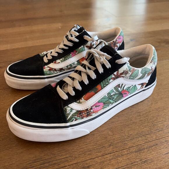 Vans Old Skool Men’s 7 / Women’s 8.5 Black White Tropical Floral Print Sneakers - Picture 1 of 9